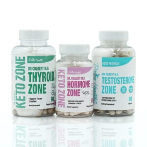 Hormone Zone Maintenance Pack by Dr. Don Colbert, MD from Divine Health and Keto Zone featuring three dietary supplements: Thyroid Zone capsules supporting healthy thyroid function, Hormone Zone capsules formulated to promote balanced hormone levels, and Testosterone Zone capsules labeled keto friendly to support healthy testosterone levels, all designed to enhance metabolic balance, energy, and overall hormone wellness.