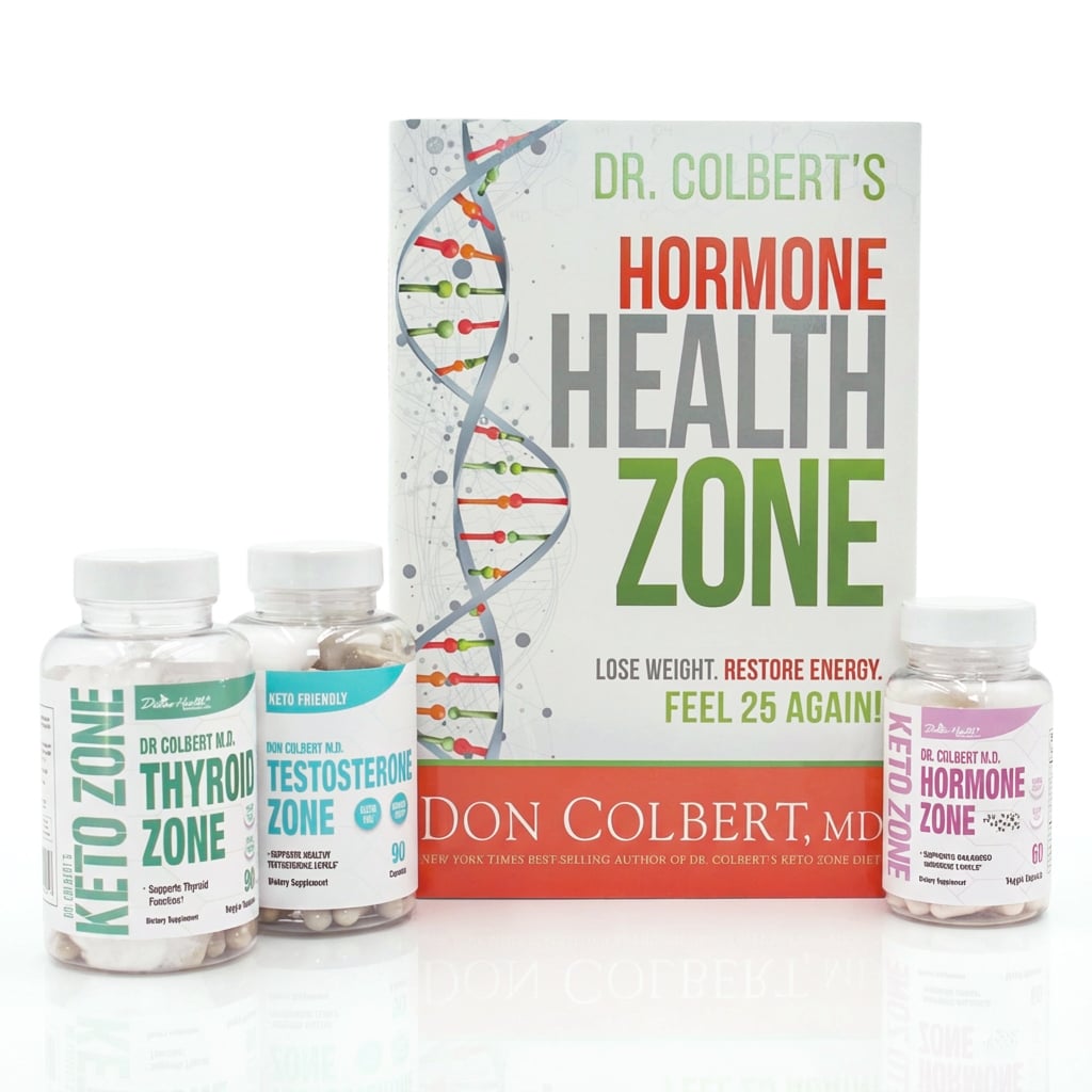 Hormone Zone Starter Pack by Dr. Don Colbert, MD from Divine Health and Keto Zone featuring the Hormone Health Zone book alongside Thyroid Zone capsules for thyroid support, Testosterone Zone keto-friendly capsules for hormone vitality, and Hormone Zone capsules designed to promote balanced hormone levels, energy support, metabolism health, and overall endocrine wellness.