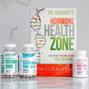 Hormone Zone Starter Pack by Divine Health featuring Dr. Colbert’s Thyroid Zone, Testosterone Zone, and Hormone Zone supplements with the Hormone Health Zone book in the background.