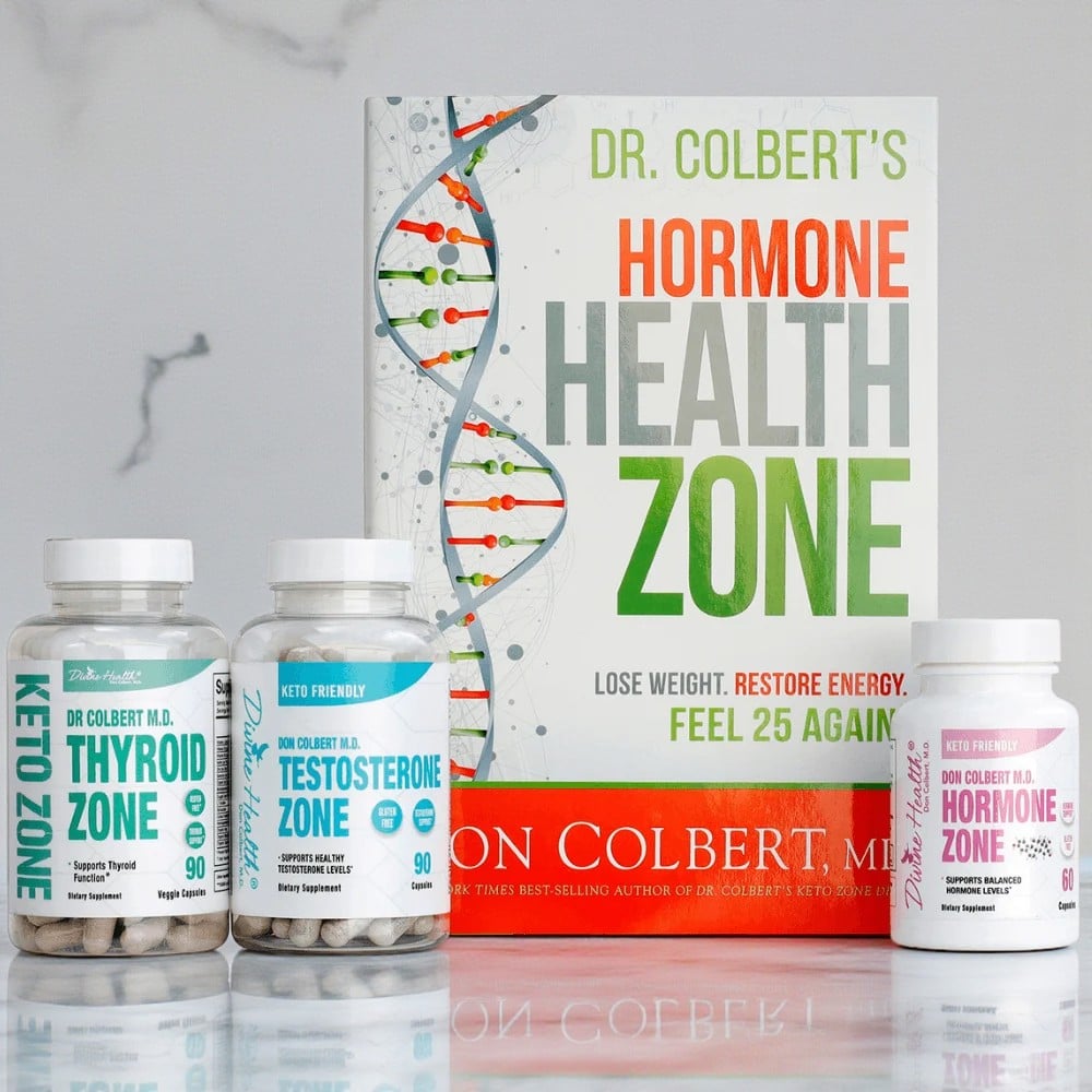 Hormone Zone Starter Pack by Divine Health featuring Dr. Colbert’s Thyroid Zone, Testosterone Zone, and Hormone Zone supplements with the Hormone Health Zone book in the background.
