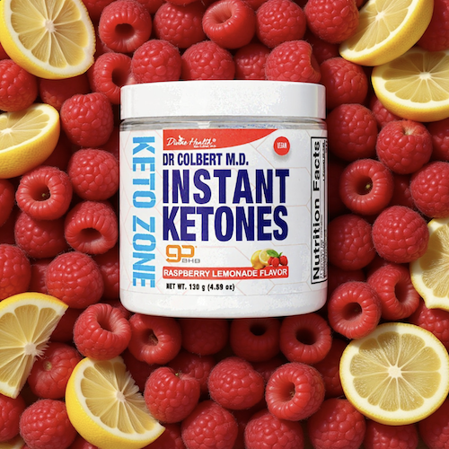 Instant Ketones Raspberry Lemonade powder by Dr Don Colbert MD included in the Keto Zone Complete Pack to boost energy support ketosis and fat metabolism