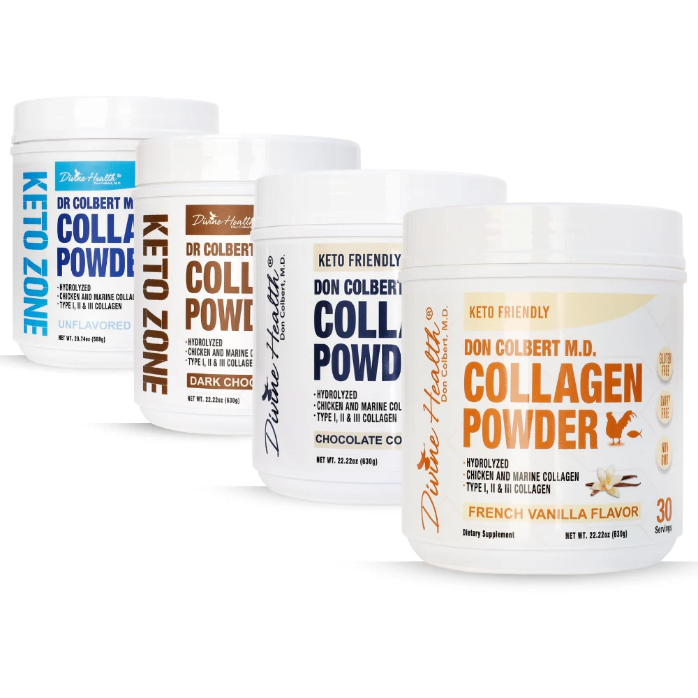 Hydrolyzed Collagen Powder hero image showing multiple flavors by Divine Health by Dr. Don Colbert, MD, including French Vanilla, Chocolate Coconut, Dark Chocolate, and Unflavored collagen peptides.