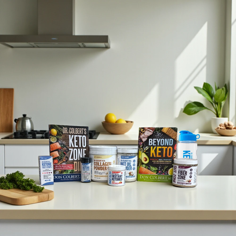 Keto Zone Complete Pack by Dr. Don Colbert, MD from Divine Health featuring MCT oil powder, collagen powder, fiber supplement, ketone strips, and keto guides for gut health and energy.