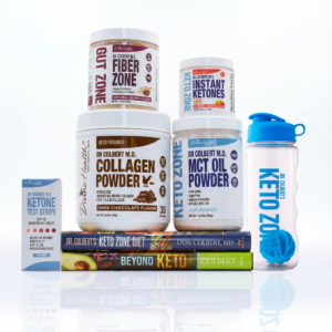 Keto Zone Complete Pack by Dr. Don Colbert, MD from Keto Zone and Divine Health featuring Collagen Powder dark chocolate flavor, MCT Oil Powder unflavored, Instant Ketones supplement, Fiber Zone natural berry flavor prebiotic fiber supplement, Ketone Test Strips, Keto Zone shaker bottle, and the Keto Zone Diet and Beyond Keto books, designed to support ketosis, sustained energy, gut health, digestive balance, metabolism, and overall clean keto lifestyle support.