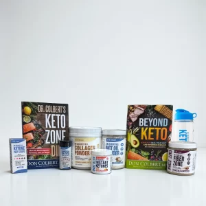 Keto Zone Complete Pack by Dr. Don Colbert, MD featuring collagen powder, MCT oil powder, fiber supplement, ketone test strips, and keto guides from Divine Health for gut health and energy support.