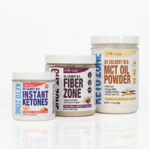 Three Keto Zone supplements displayed side by side on a white background: a small container of Dr. Colbert’s Instant Ketones Raspberry Lemonade powder on the left, a medium jar of Fiber Zone Natural Berry powder in the center, and a larger jar of MCT Oil Powder French Vanilla on the right. All containers feature white lids, clean modern labels, and Keto Zone branding by Dr. Don Colbert, MD.