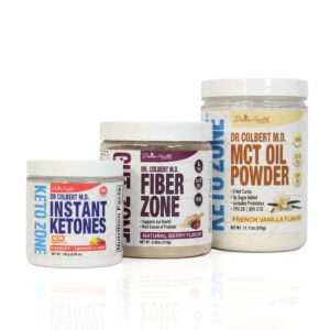 Keto Zone Maintenance Pack by Dr. Don Colbert, MD from Keto Zone and Divine Health featuring Instant Ketones raspberry lemonade flavor powder for ketone energy support, Fiber Zone natural berry flavor prebiotic fiber supplement for gut health and digestion, and MCT Oil Powder French vanilla flavor designed to support ketosis, metabolism, digestive balance, sustained energy, and overall clean keto lifestyle maintenance.