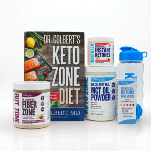 Keto Zone Starter Pack by Dr. Don Colbert, MD from Keto Zone and Divine Health featuring keto-friendly supplements such as MCT oil powder for sustained energy and fat metabolism, collagen powder for skin and joint support, Fiber Zone prebiotic fiber supplement for gut health and digestion, and additional keto nutrition products designed to promote ketosis, balanced blood sugar, digestive wellness, and overall clean keto lifestyle support.