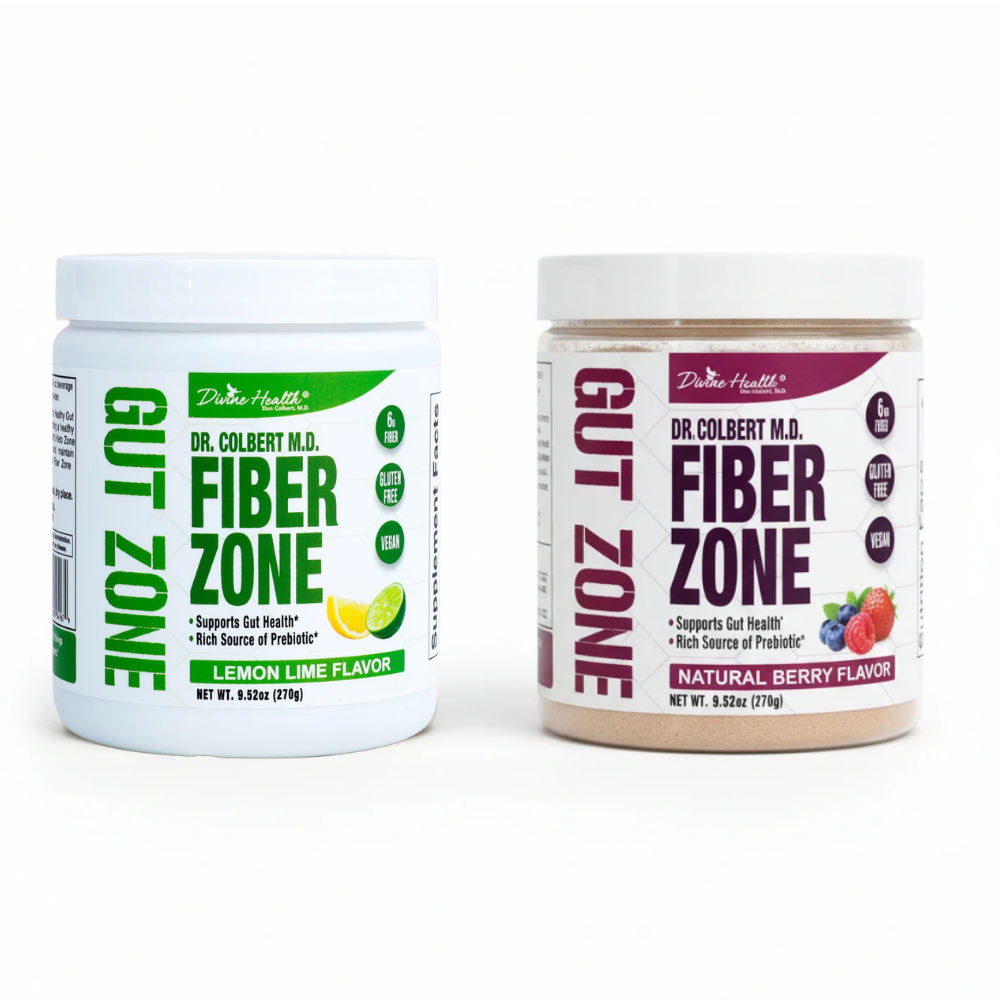 Fiber Zone 30 servings fiber supplement in Berry and Lemon-Lime flavors by Divine Health formulated by Dr. Don Colbert, MD with psyllium husk and inulin for digestive support.