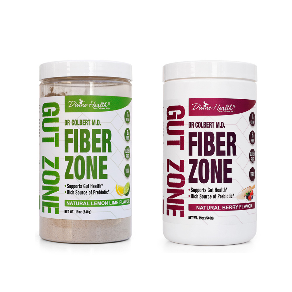 Fiber Zone 60 servings fiber supplement in Berry and Lemon-Lime flavors by Divine Health formulated by Dr. Don Colbert, MD with psyllium husk and inulin for digestive support.