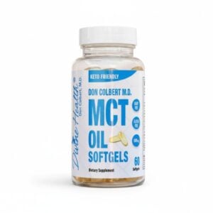 ottle of MCT Oil Softgels 1000mg by Dr. Don Colbert, MD from Keto Zone — keto-friendly dietary supplement designed to support ketosis, boost energy, enhance mental clarity, promote fat metabolism, and complement MCT oil powder, collagen powder, probiotics, fiber supplement, and gut health routines.