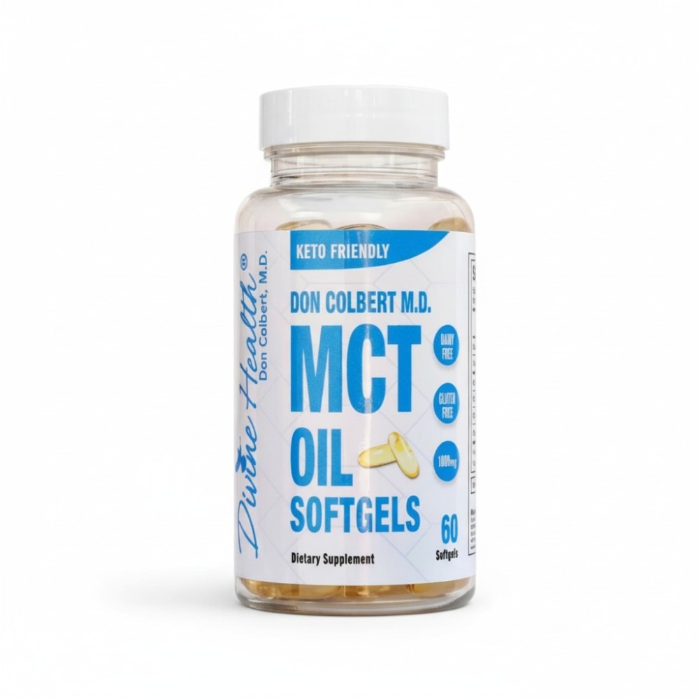 ottle of MCT Oil Softgels 1000mg by Dr. Don Colbert, MD from Keto Zone — keto-friendly dietary supplement designed to support ketosis, boost energy, enhance mental clarity, promote fat metabolism, and complement MCT oil powder, collagen powder, probiotics, fiber supplement, and gut health routines.