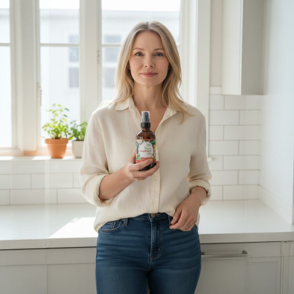 women in kitchen holding divine health nano-glutathione spray