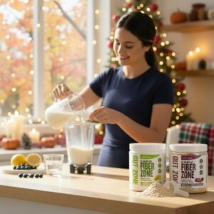 Woman preparing a smoothie in a kitchen with Divine Health Fiber Zone Lemon-Lime and Berry powder tubs on the counter next to fruit and a scoop of fiber powder.
