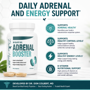 Divine Health Adrenal Booster supporting adrenal health, healthy cortisol levels, healthy energy levels, and B-vitamin nutritional support