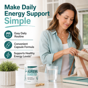 Healthy adult using Divine Health Adrenal Booster as part of a morning wellness routine for adrenal, healthy cortisol, and energy support