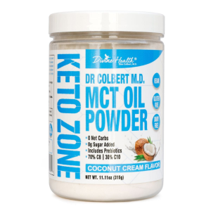 Container of Keto Zone MCT Oil Powder Coconut Cream Flavor by Dr. Don Colbert, MD — keto-friendly energy supplement with C8 and C10 MCTs for fat burning and focus.