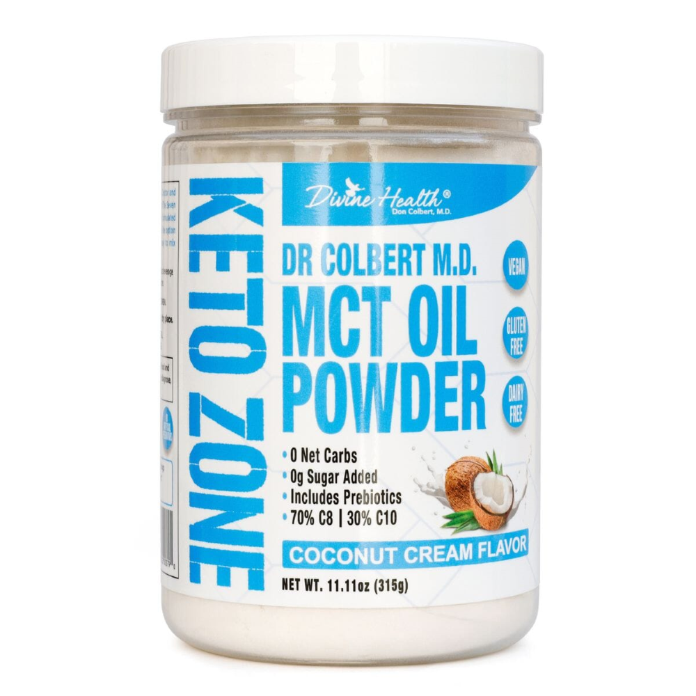 Container of Keto Zone MCT Oil Powder Coconut Cream Flavor by Dr. Don Colbert, MD — keto-friendly energy supplement with C8 and C10 MCTs for fat burning and focus.
