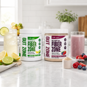 Divine Health Fiber Zone natural berry and lemon lime supplements displayed together in a bright kitchen lifestyle setting