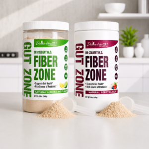 Dr. Colbert Fiber Zone Natural Berry and Natural Lemon Lime fiber powders with scoops on a bright kitchen countertop
