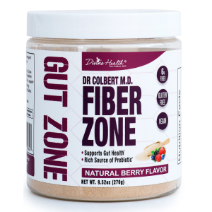 Divine Health Fiber Zone Berry Flavor Powder in a white HDPE canister - berry-flavored powder that supports healthy digestion, regular bowel movements, and a balanced gut microbiome