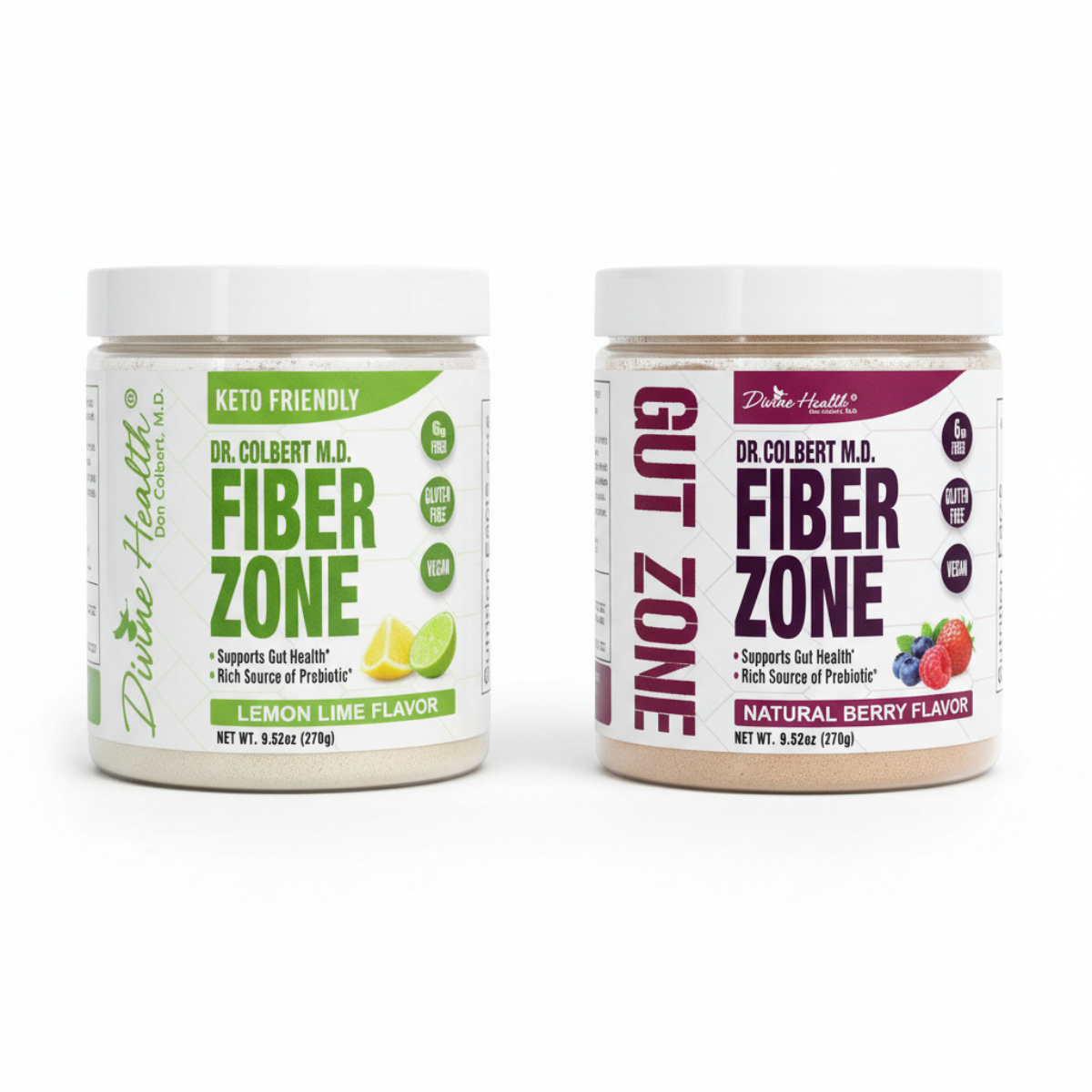 Divine Health Fiber Zone dietary fiber powder in lemon lime and berry flavors