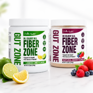 Divine Health Fiber Zone supplements in Natural Berry and Lemon Lime flavors shown together with fresh fruit accents