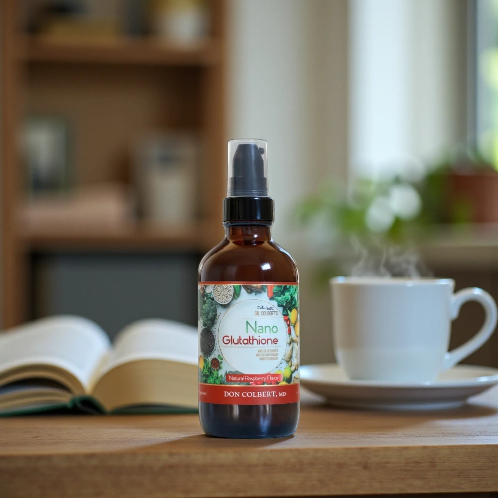 Bottle of Nano Glutathione by Dr. Don Colbert, MD from Divine Health on a table beside a steaming mug — raspberry-flavored liquid supplement for daily cellular support.