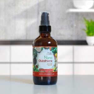 Divine Health Nano Glutathione Spray 60 Servings by Dr. Colbert in a kitchen setting supports cellular defense cardiovascular health energy immune function skin clarity brain health and provides broad-spectrum antioxidant support for overall wellness