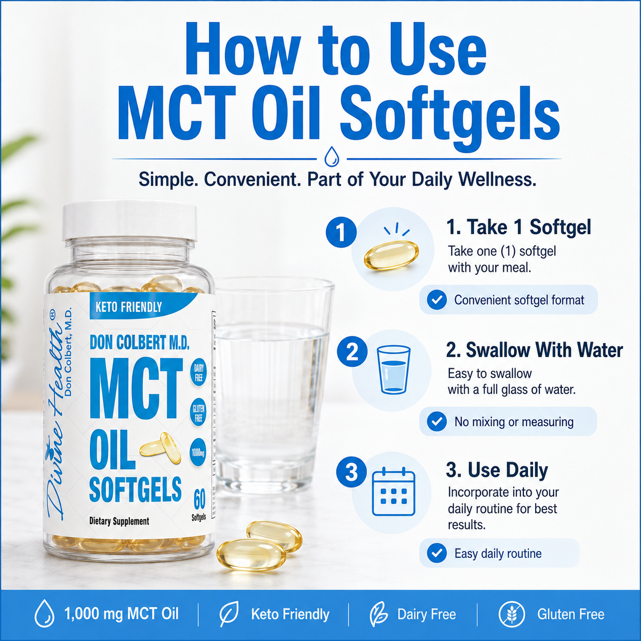 Instructions for taking one Keto Zone MCT Oil Softgel with water as part of a convenient daily wellness routine