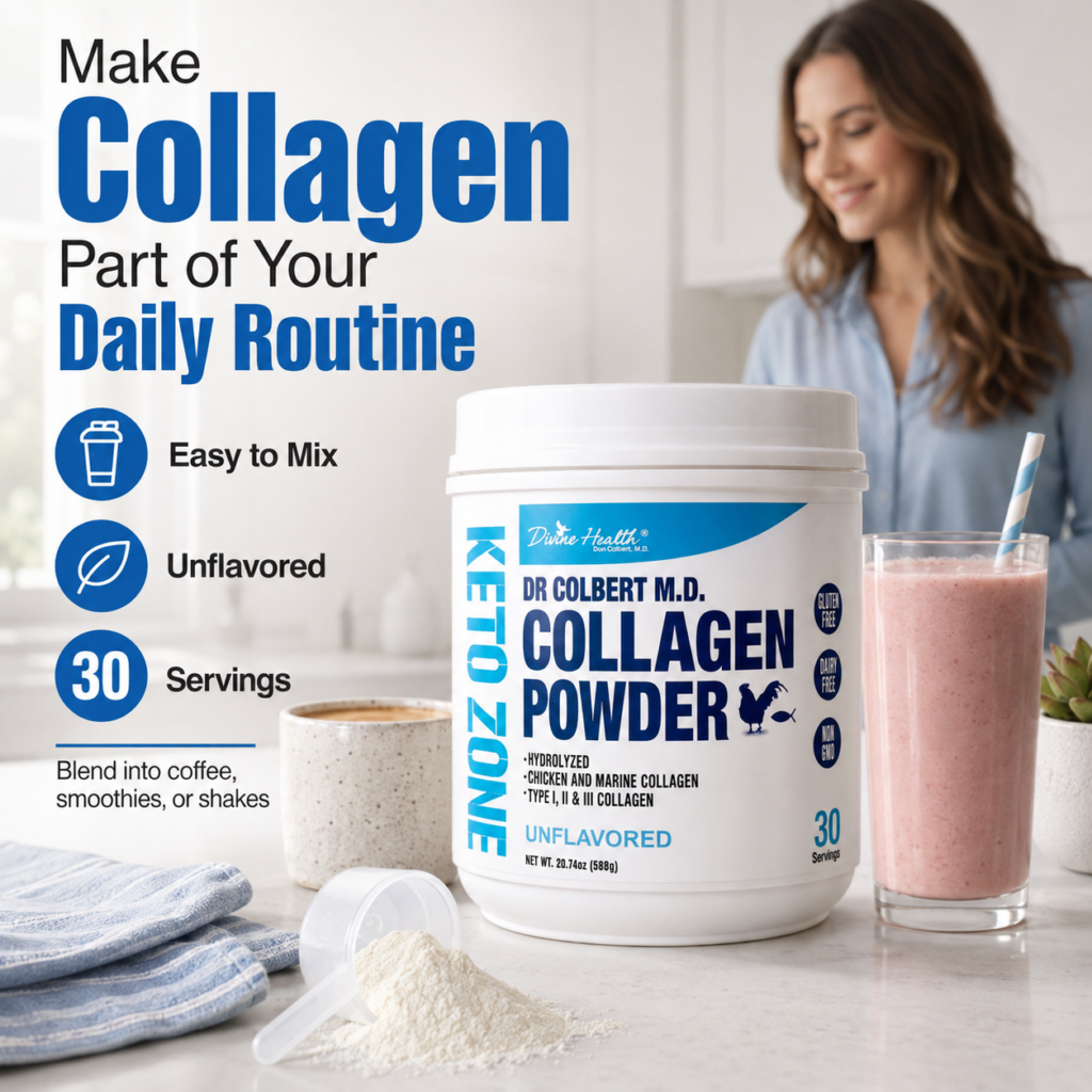 Healthy adult using Keto Zone Collagen Powder Unflavored in a bright kitchen as part of a daily wellness routine