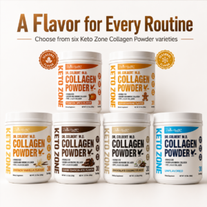Six Keto Zone Collagen Powder varieties including French Vanilla, Dark Chocolate, Chocolate Coconut, Unflavored, Pumpkin Spice and Gingerbread