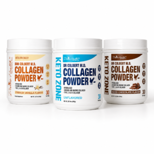 Keto Zone Collagen Powder in French Vanilla, Unflavored, and Dark Chocolate flavors displayed together