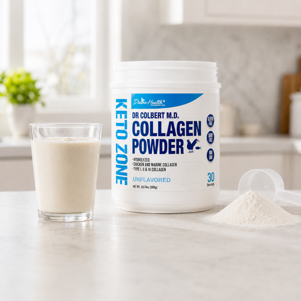 Keto Zone unflavored hydrolyzed collagen powder by Divine Health with a scoop of powder and a prepared neutral shake