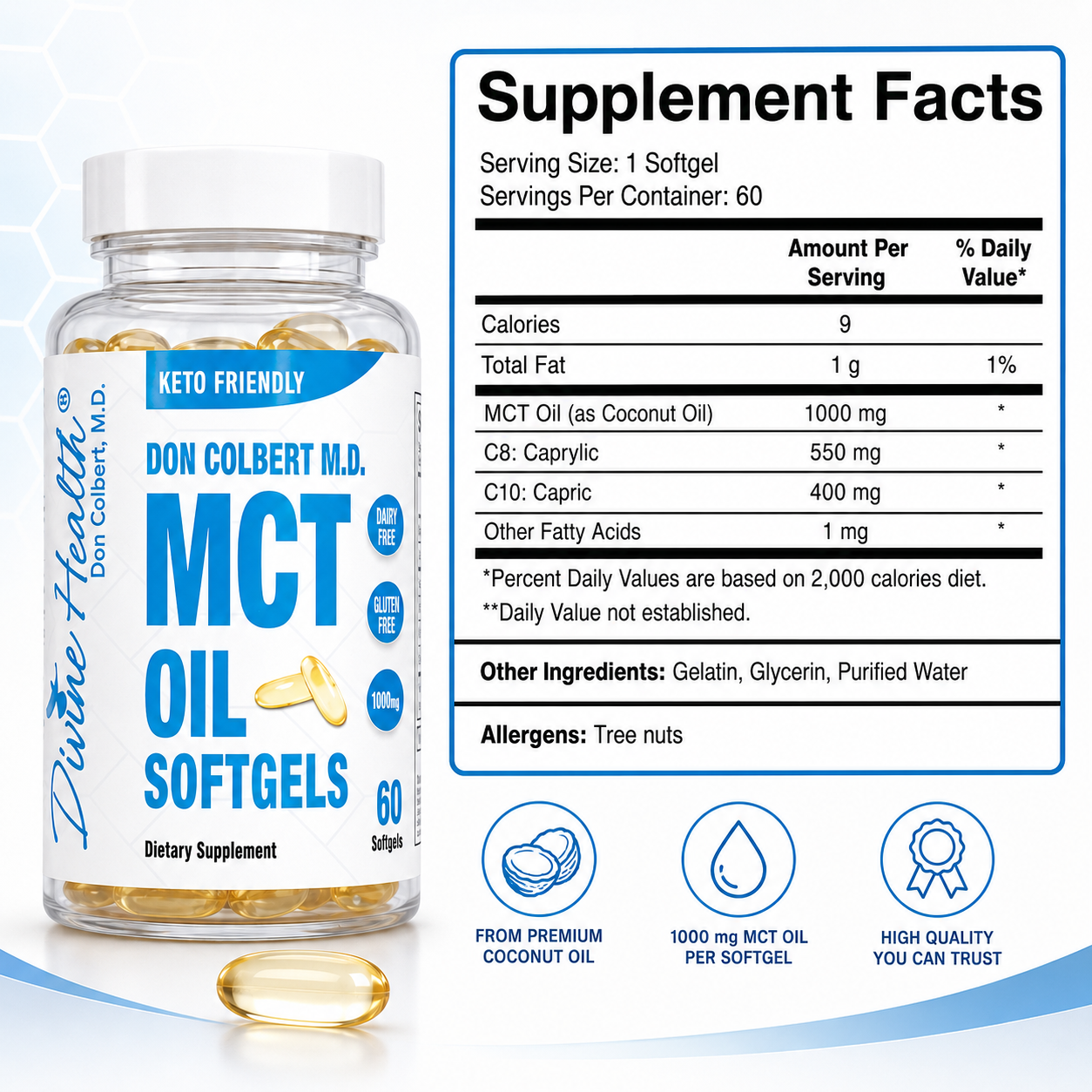 Supplement Facts for Keto Zone MCT Oil Softgels showing one softgel per serving, 1,000 milligrams of MCT oil, and 60 servings