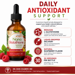 Dr. Colbert’s Nano Glutathione featuring reduced L-glutathione, liquid dropper delivery, natural raspberry flavor, and 30 servings