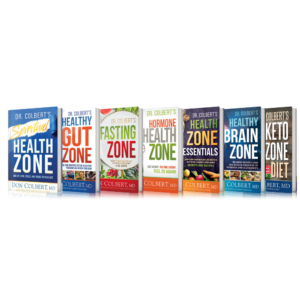 Complete Zone Book Bundle by Dr. Don Colbert, MD from Divine Health and Keto Zone showing a collection of health books including Gut Zone, Brain Zone, Keto Zone Diet, Hormone Zone, Fasting Zone, and Spiritual Health Zone focused on gut health, probiotics support, keto nutrition, metabolism balance, cognitive wellness, and overall healthy lifestyle guidance.