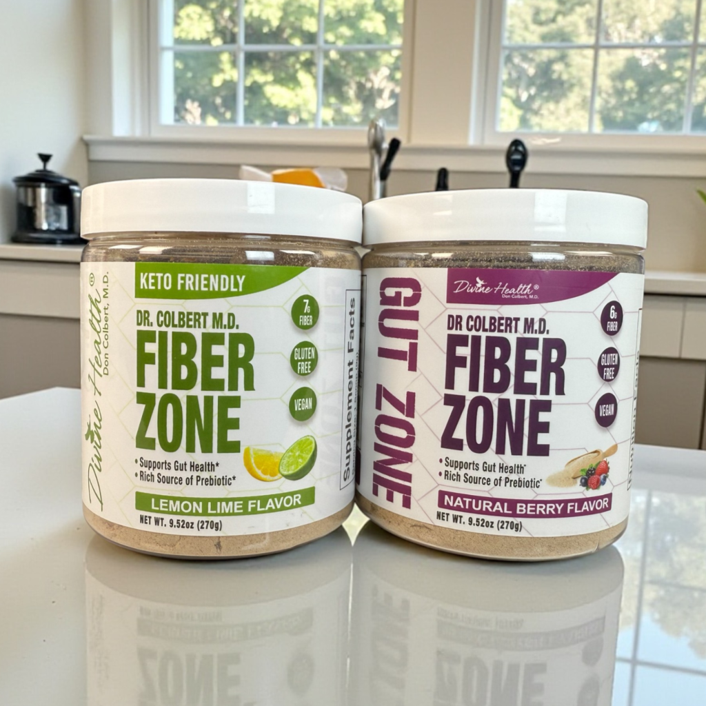 Two containers of Dr. Colbert Fiber Zone prebiotic fiber powder by Divine Health, featuring Lemon Lime and Natural Berry flavors, keto-friendly, gluten-free, and vegan