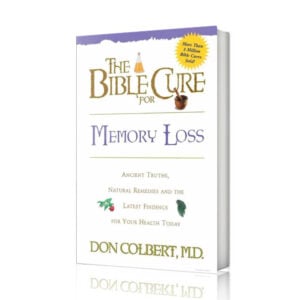 The Bible Cure for Memory Loss book by Dr. Don Colbert, MD from Divine Health displayed on a white background, representing a natural health guide designed to support cognitive health and brain function. The book explores how gut health, probiotics, fiber-rich nutrition, and balanced dietary strategies may support the gut-brain connection, helping promote memory, mental clarity, and overall neurological wellness while encouraging healthy lifestyle habits for long-term brain health.
