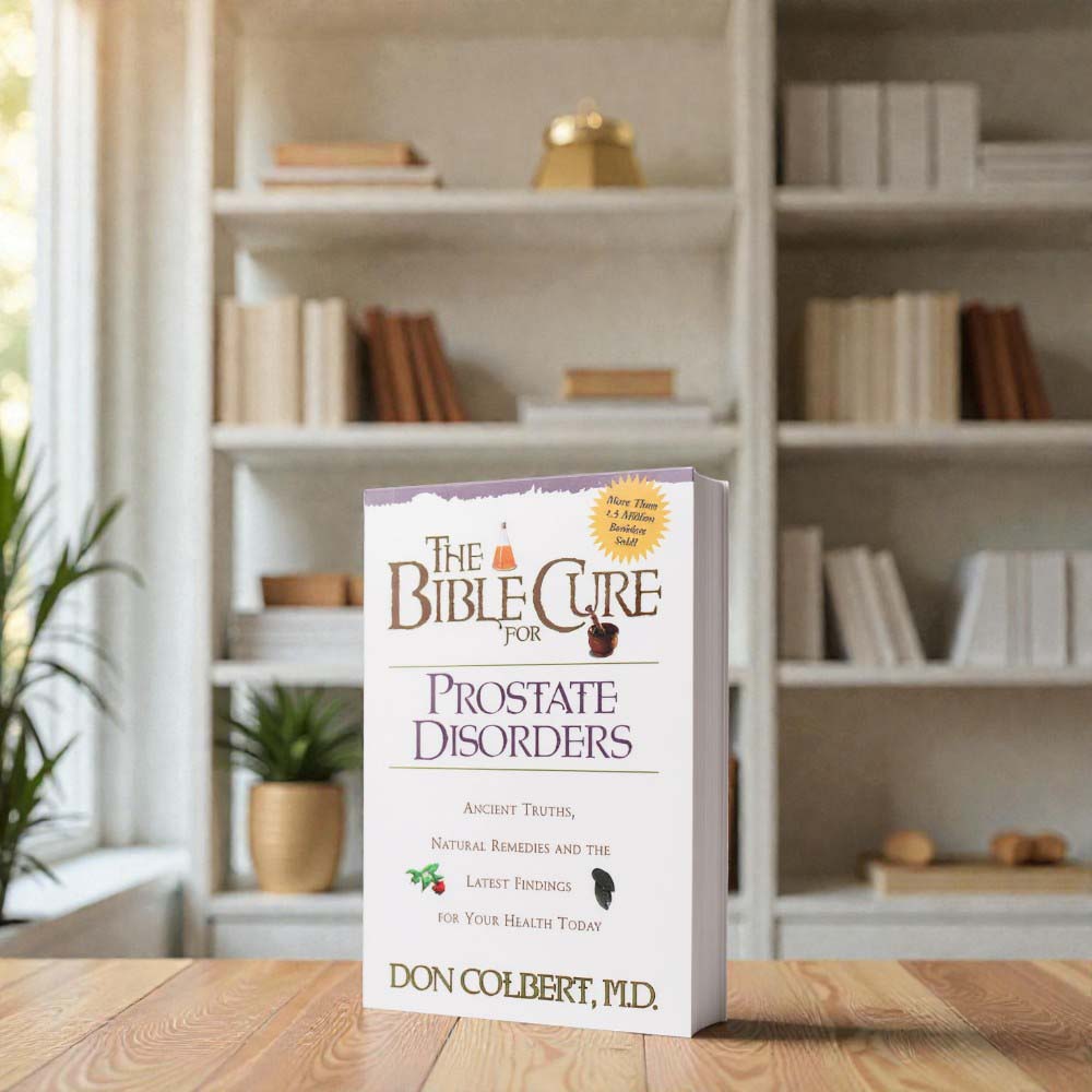 The Bible Cure for Prostate Disorders book by Dr. Don Colbert, MD from Divine Health displayed on a white background, representing a natural health guide focused on supporting men’s wellness and prostate health. The resource highlights the importance of gut health, probiotics, and fiber-rich nutrition in maintaining digestive balance and overall vitality, while emphasizing lifestyle and dietary strategies that may help support prostate function and long-term men’s health.