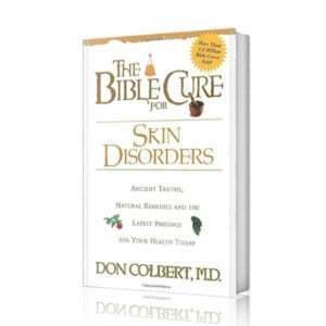 The Bible Cure for Skin Disorders book by Dr. Don Colbert, MD from Divine Health displayed on a clean white background, representing a natural health guide designed to support healthy skin through nutrition and lifestyle changes. The resource highlights the connection between gut health, probiotics, fiber-rich nutrition, and overall skin wellness, explaining how digestive balance and healthy dietary habits may help support clearer skin and overall dermatological health.