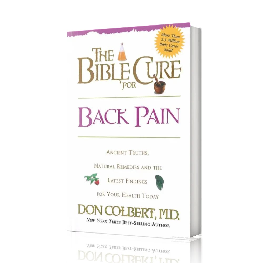 The Bible Cure for Back Pain by Dr. Don Colbert displayed on a clean white background, featuring a purple and gold cover; this natural health guide connects physical and spiritual contributors to back pain and offers faith-based strategies, exercises, posture tips, and supportive supplements to help restore spinal health and long-term relief.
