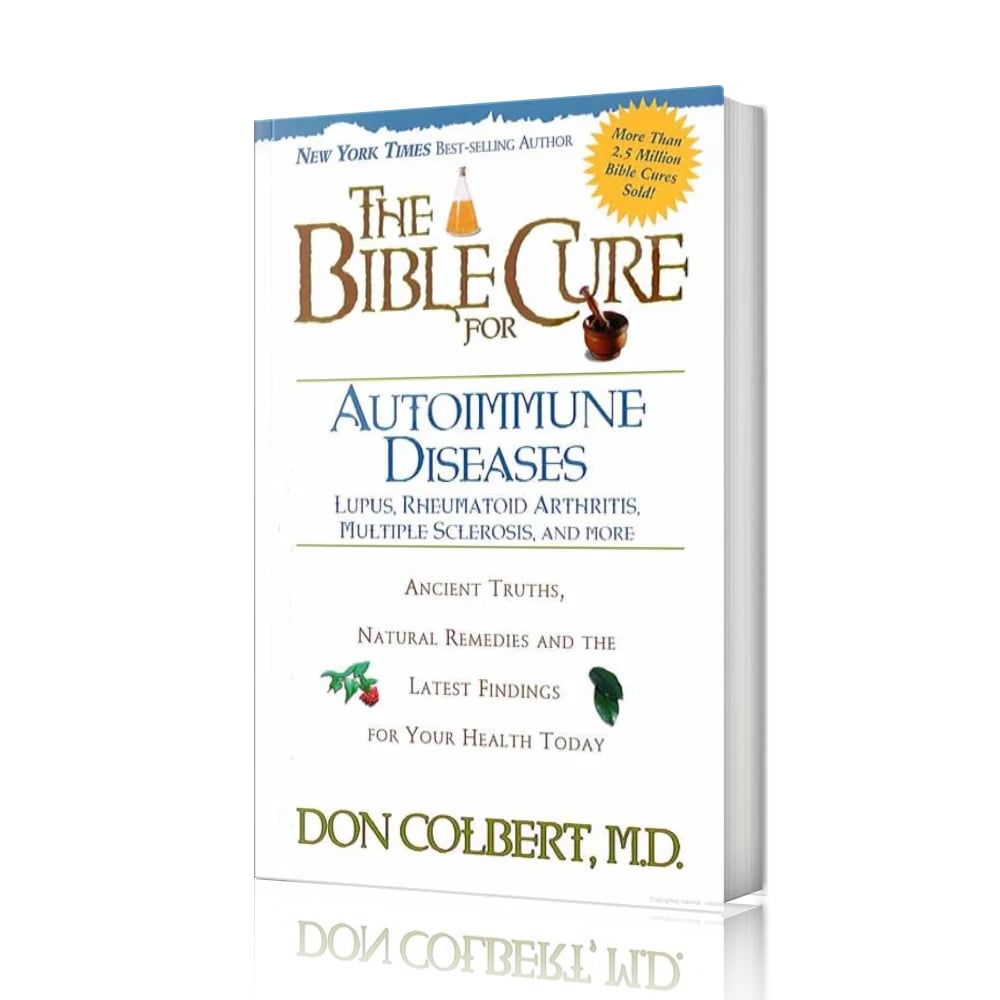The Bible Cure for Autoimmune Diseases by Dr. Don Colbert displayed on a white background, a faith-based natural health guide offering biblical insights, nutrition strategies, and holistic approaches to support GI wellness, reduce stress, and help readers overcome autoimmune challenges for restored vitality and well-being
