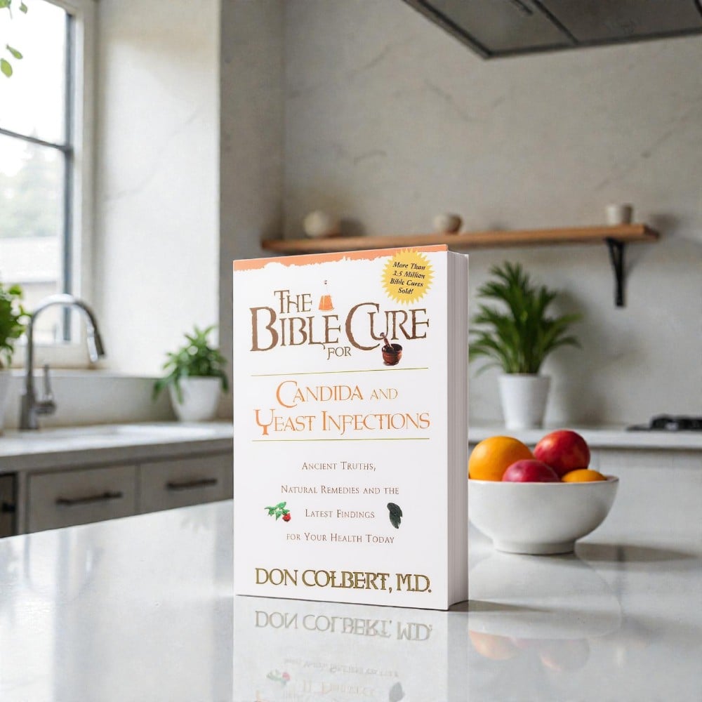 The Bible Cure for Candida and Yeast Infections by Dr. Don Colbert displayed on a bright kitchen countertop, featuring its white and orange cover; this faith-based wellness guide blends biblical wisdom with modern medical research to help strengthen immunity and naturally manage Candida and yeast-related issues.