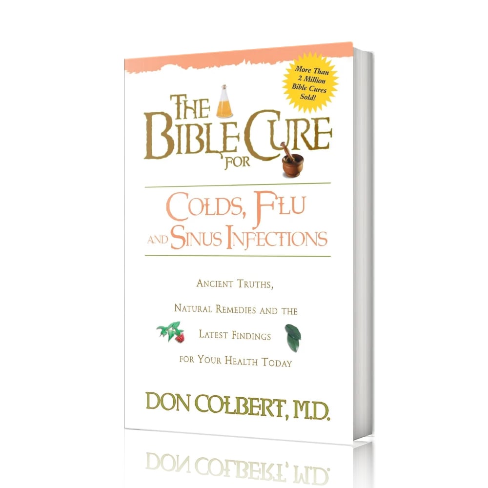 The Bible Cure for Colds, Flu, and Sinus Infections by Dr. Don Colbert displayed upright on a clean white background, featuring its peach and gold cover; this holistic guide blends medical insight and biblical wisdom to help strengthen immunity, support respiratory wellness, and naturally reduce susceptibility to colds, flu, and sinus issues.