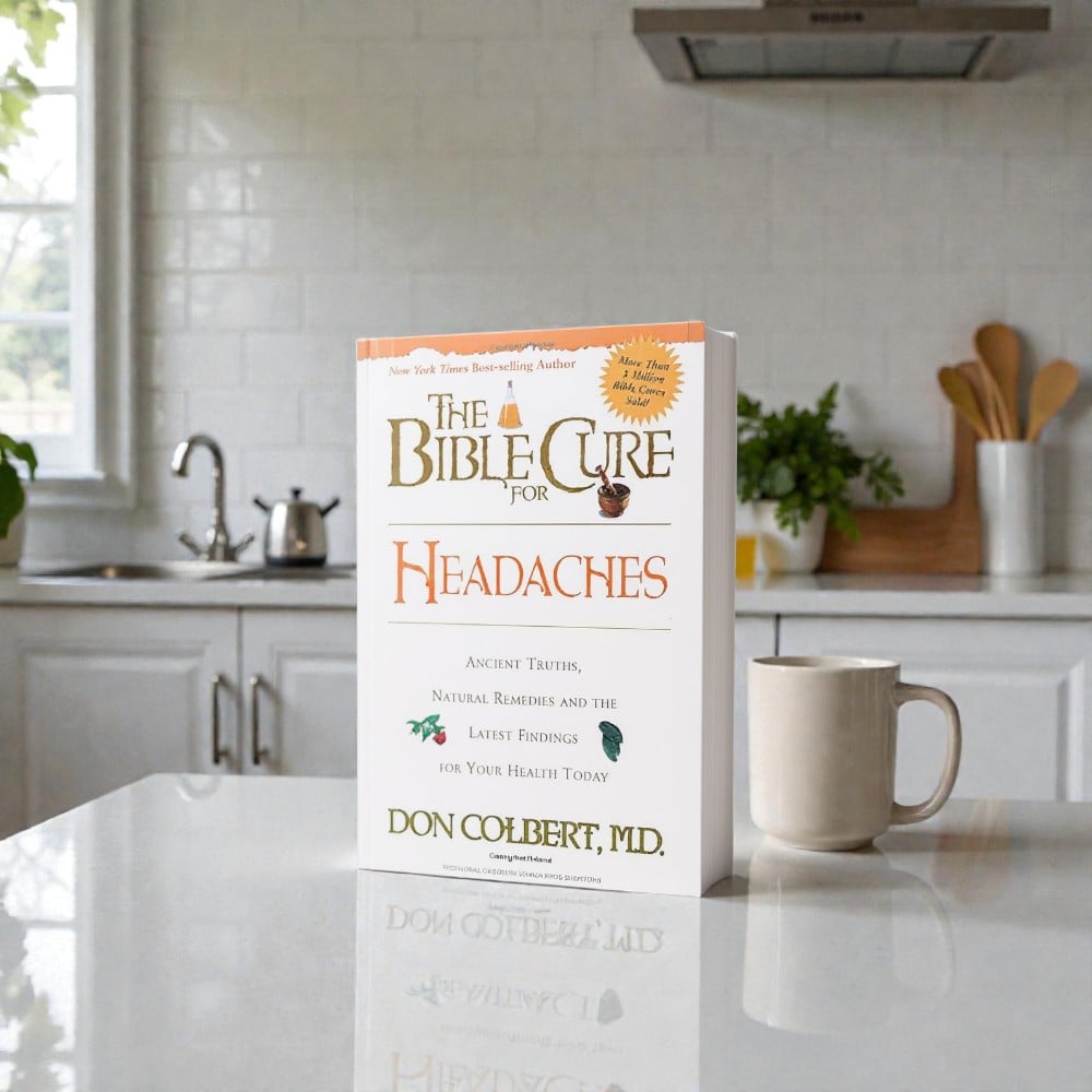 The Bible Cure for Headaches by Dr. Don Colbert, M.D., displayed on a bright kitchen countertop with a mug and greenery in the background; a health and wellness book offering biblical wisdom and medically researched strategies to identify hidden headache triggers and support natural relief.