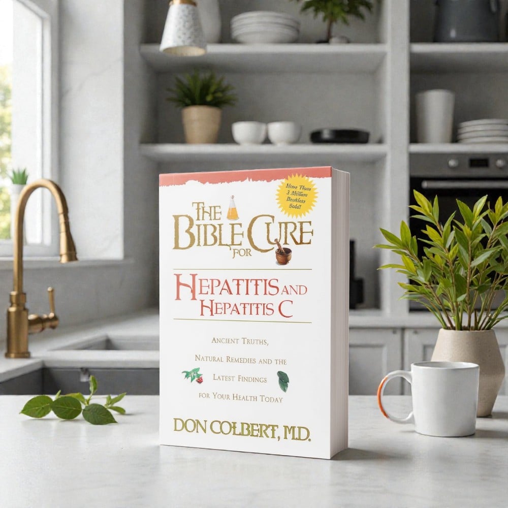 The Bible Cure for Hepatitis and Hepatitis C by Dr. Don Colbert, M.D., displayed on a modern kitchen counter with greenery, presenting a faith-based wellness guide that blends medical research, nutrition, natural supplements, and biblical wisdom to support liver health and help manage hepatitis.