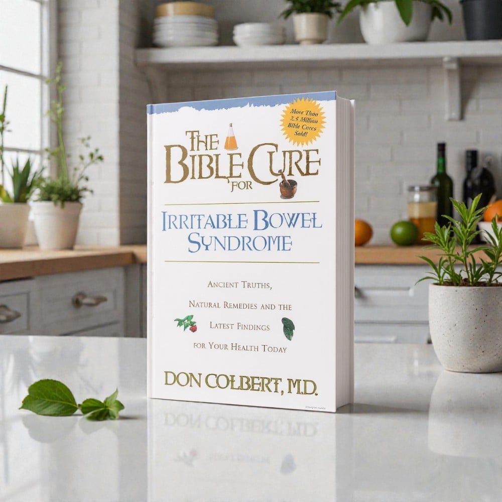 The Bible Cure for Irritable Bowel Syndrome by Dr. Don Colbert, M.D. displayed upright on a clean white kitchen countertop with plants, produce, and kitchen accents in the background, illustrating the book’s focus on identifying IBS triggers, reducing stress, improving diet, and restoring digestive health through natural and faith-based strategies.