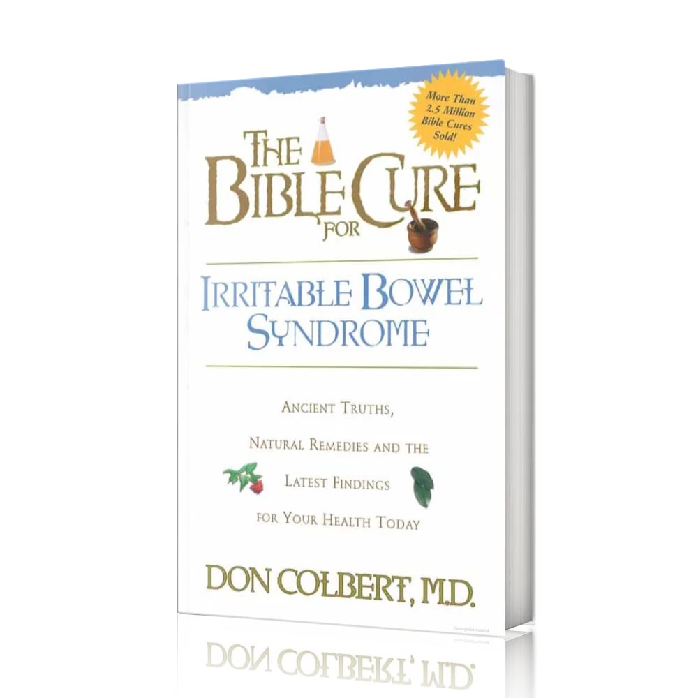 The Bible Cure for Irritable Bowel Syndrome by Dr. Don Colbert, M.D. standing upright on a bright kitchen counter, surrounded by clean white tile and natural décor, representing the book’s focus on identifying digestive triggers, improving gut health, reducing stress, and using nutritional and faith-based principles to support everyday digestive wellness