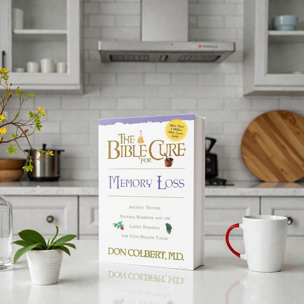 The Bible Cure for Memory Loss by Don Colbert, MD book displayed in a bright kitchen setting, featuring a faith-based and medically informed guide that explains how nutrition, lifestyle habits, supplements, and stress reduction can help support brain health, memory strength, focus, and long-term cognitive function.